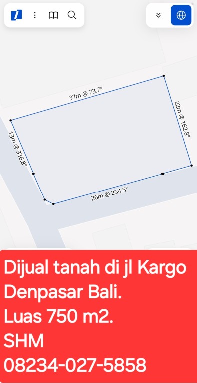 Dijual tanah 750 m2 jl Kargo dkt Gatsu Barat 